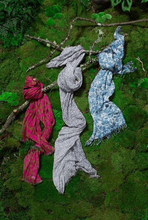 ALLUDE leaf print scarf in pink & charcoal, $115. Crackle print scarf in gray & white, $115. Watercolor print scarf in medium blue, $235.
